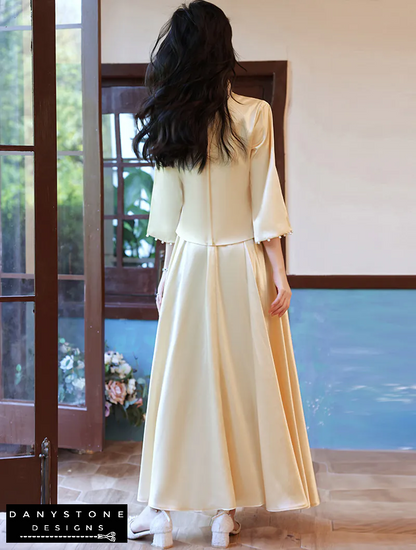 "Back view of the Long Sleeve Satin Chinese Style Bridesmaids Party Dress highlighting its elegance"