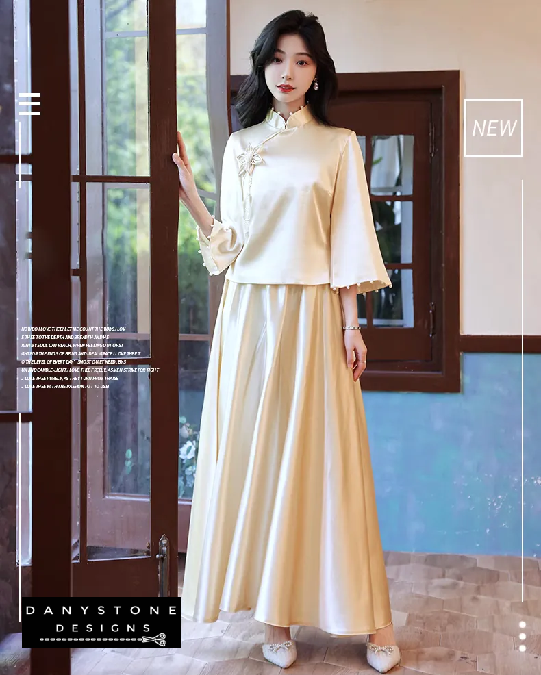 "Front view of the Long Sleeve Satin Chinese Style Bridesmaids Party Dress showcasing its design"