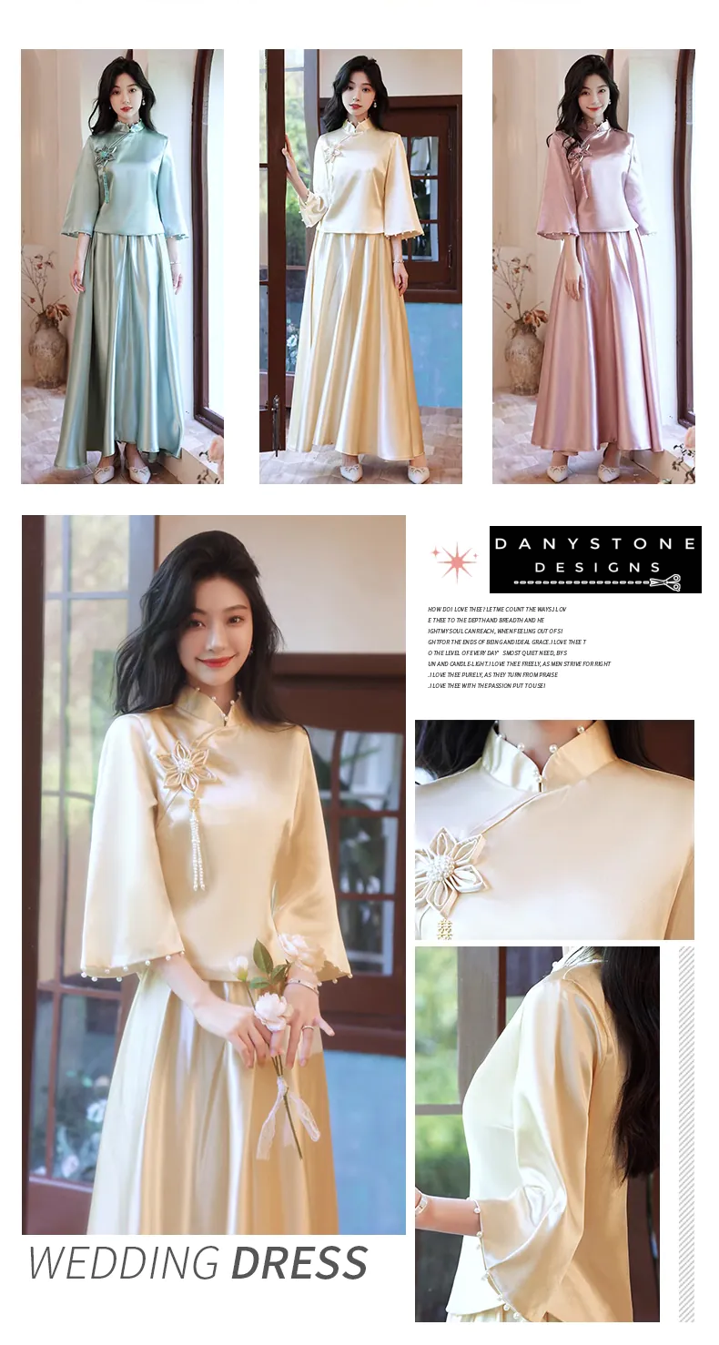 "Woman wearing Elegant Long Sleeve Satin Chinese Style Bridesmaids Party Dress"