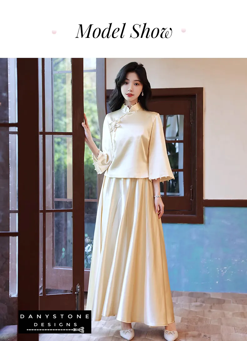 "Front view of the Long Sleeve Satin Chinese Style Bridesmaids Party Dress showcasing its design"