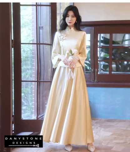 "Front view of the Long Sleeve Satin Chinese Style Bridesmaids Party Dress showcasing its design"