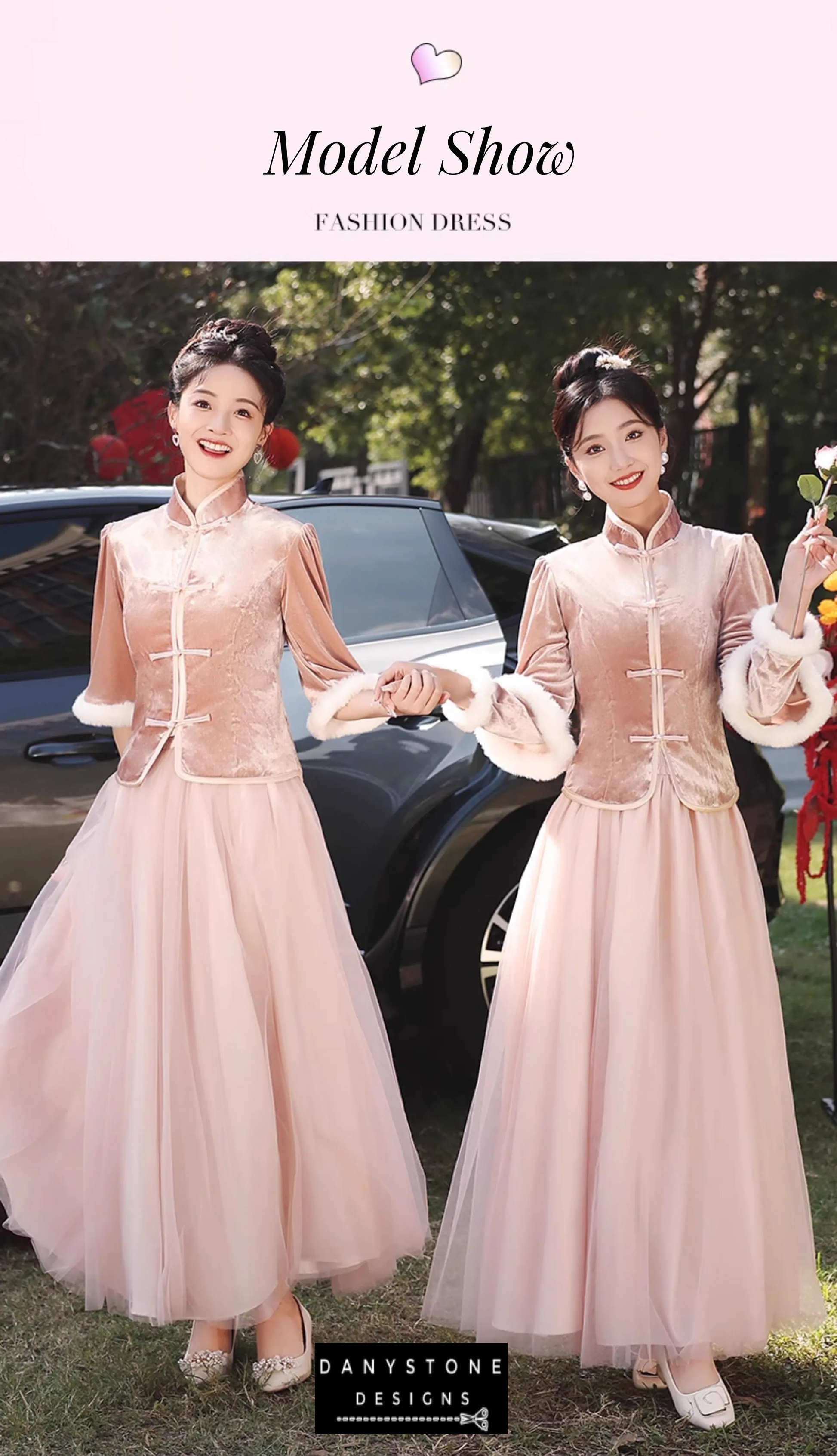 "Front view of the Pink Velvet Chinese Style Dress showcasing its design and collar"