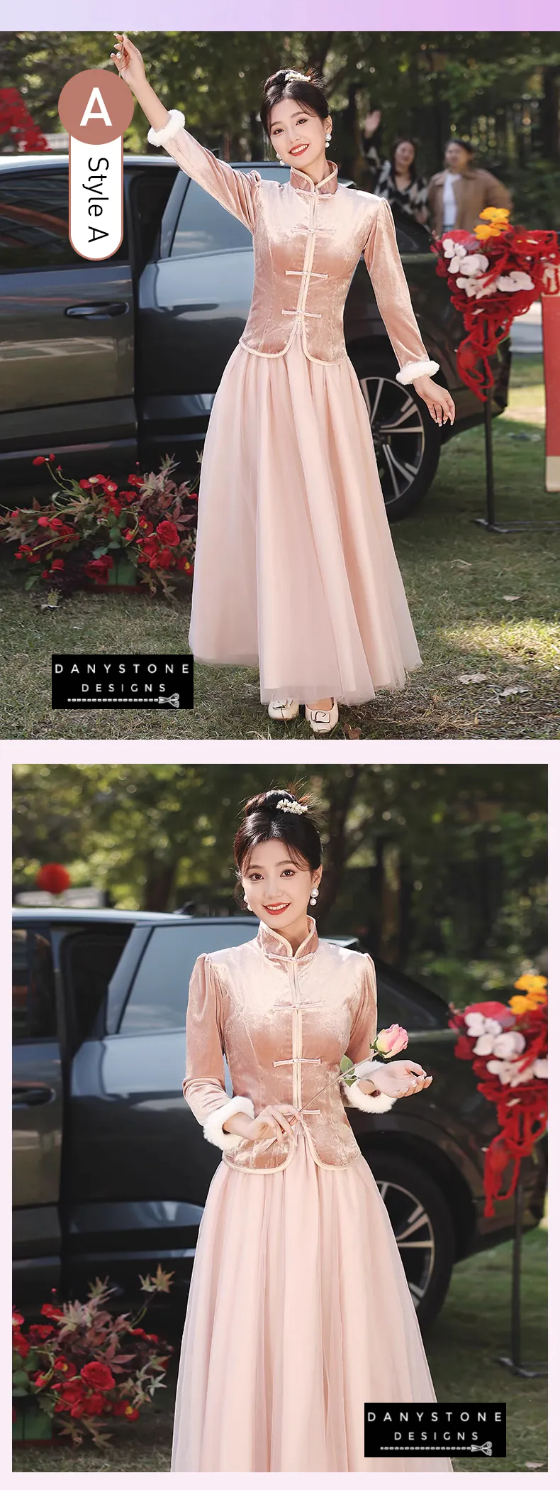 "Front view of the Pink Velvet Chinese Style Dress showcasing its design and collar"