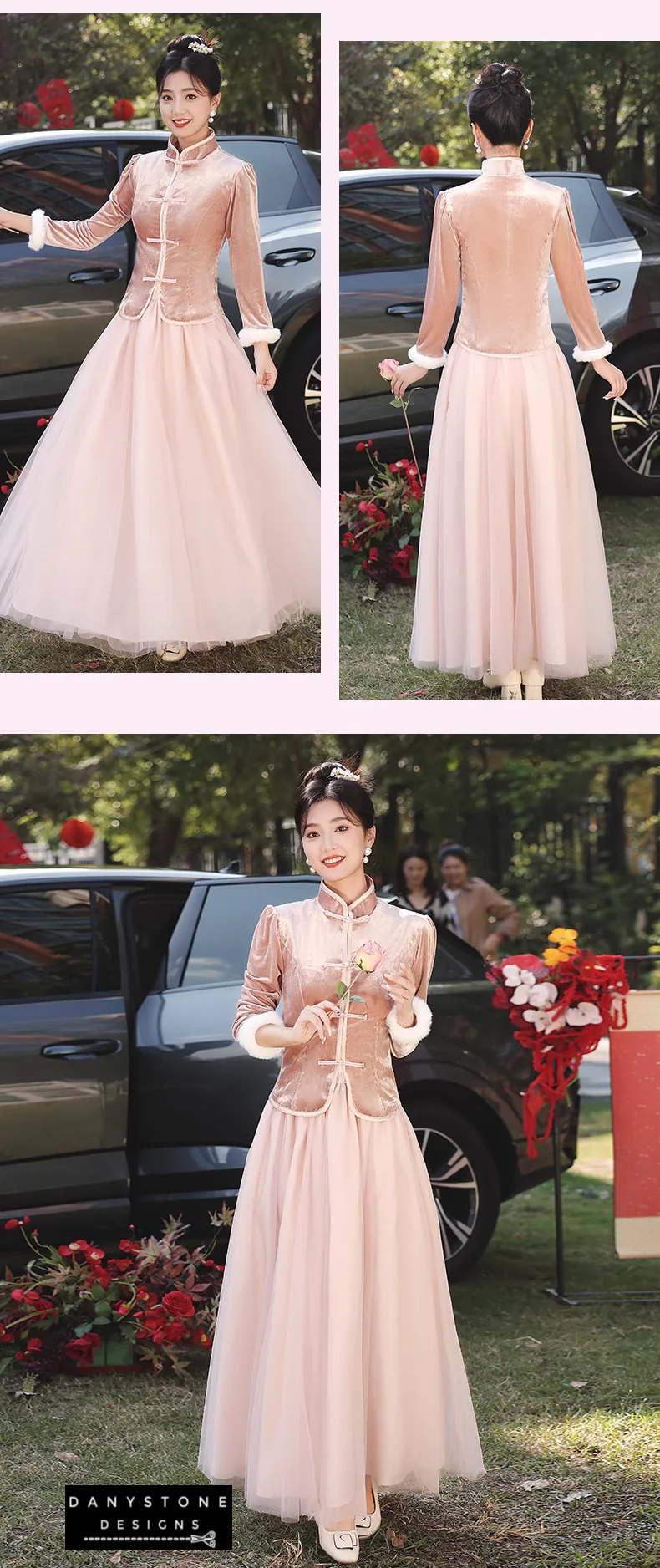 "Back view of the Pink Velvet Chinese Style Dress highlighting its elegance and style options"