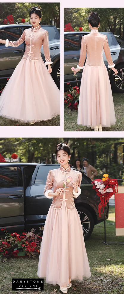 "Back view of the Pink Velvet Chinese Style Dress highlighting its elegance and style options"