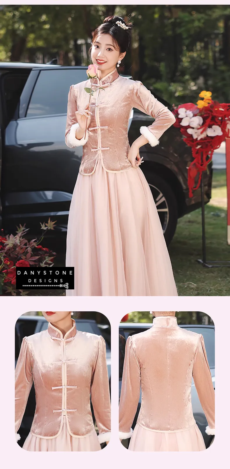 "Two women wearing Charming Thicken Pink Velvet Long Sleeve Chinese Style Dress"