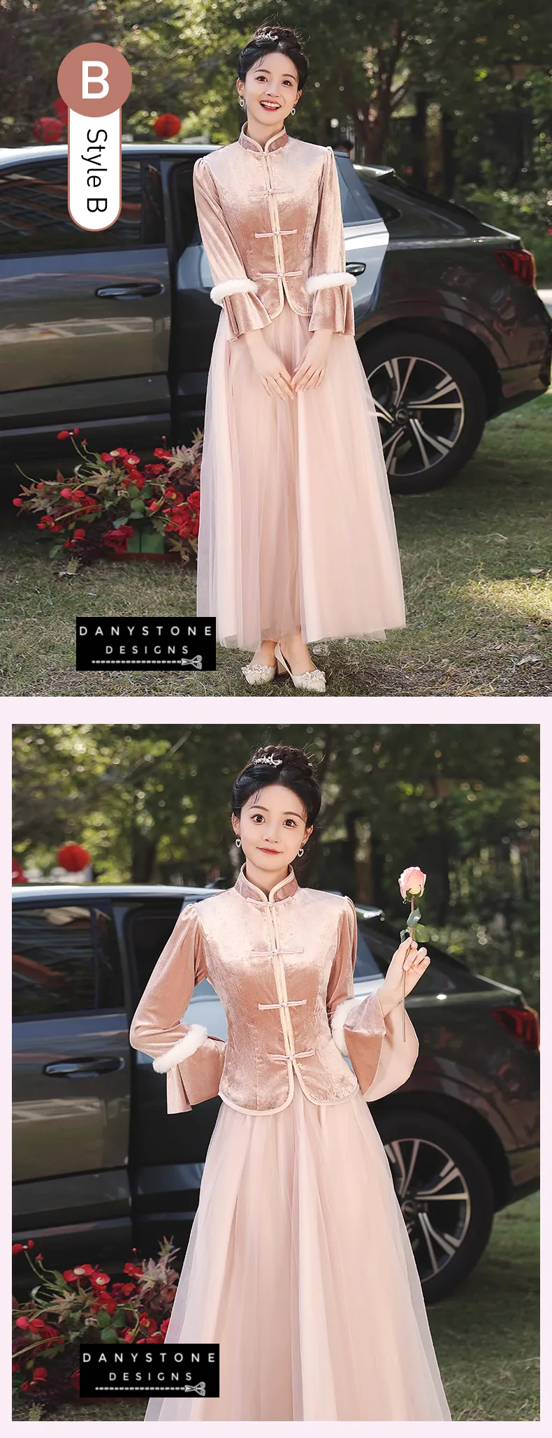 "Two women wearing Charming Thicken Pink Velvet Long Sleeve Chinese Style Dress"