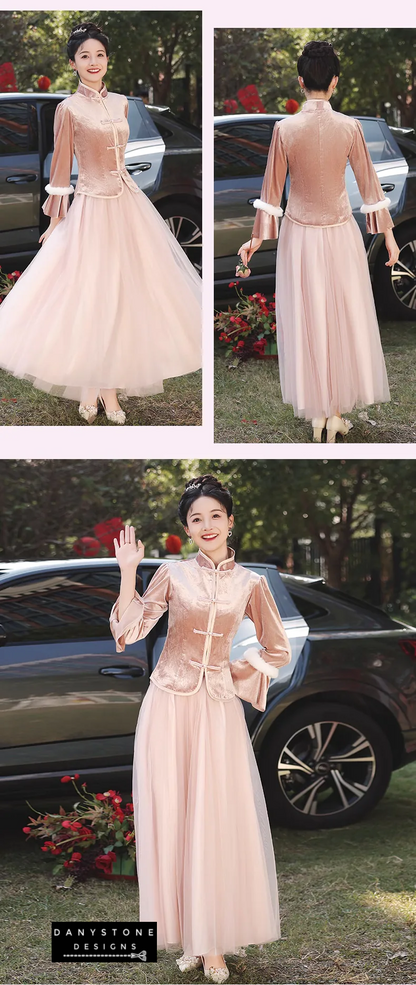 "Two women wearing Charming Thicken Pink Velvet Long Sleeve Chinese Style Dress"