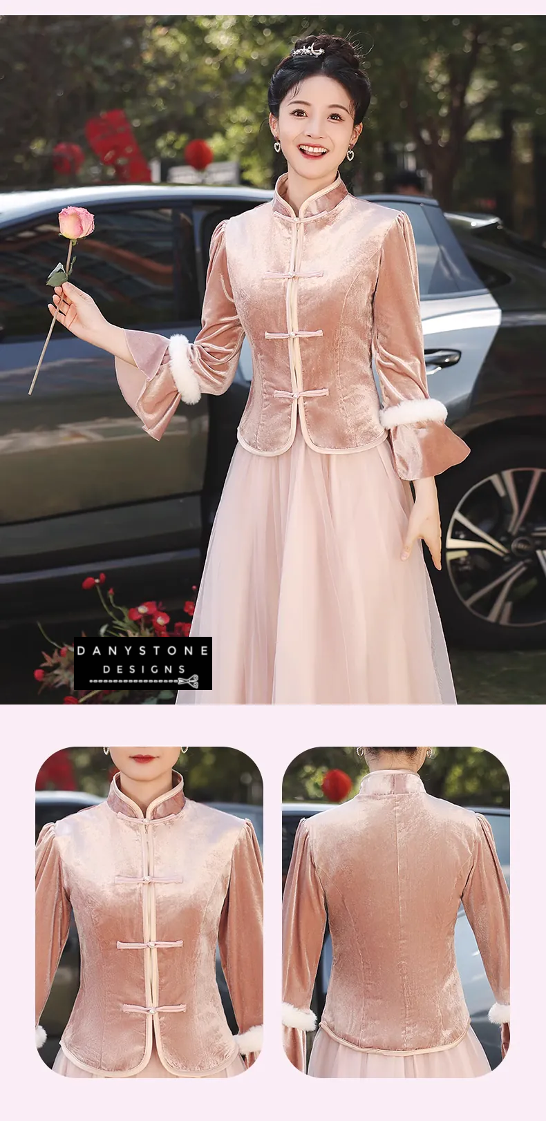 "Two women wearing Charming Thicken Pink Velvet Long Sleeve Chinese Style Dress"