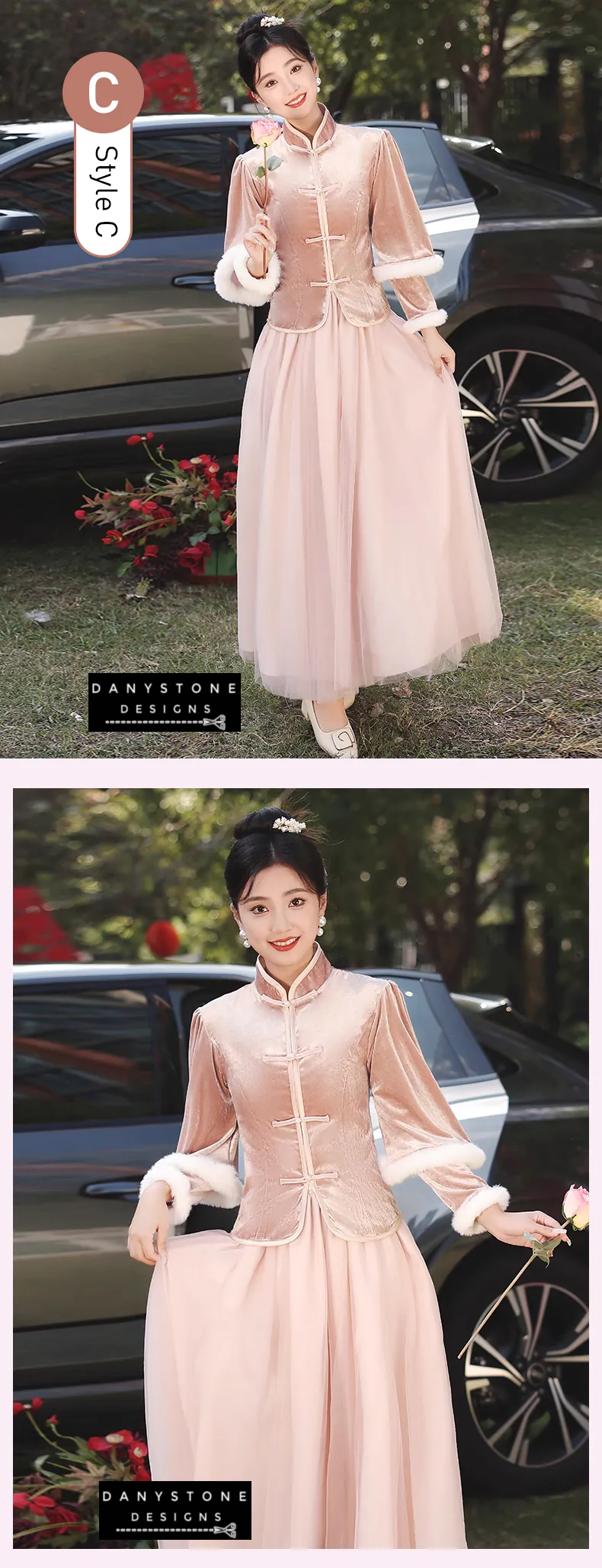 "Two women wearing Charming Thicken Pink Velvet Long Sleeve Chinese Style Dress"