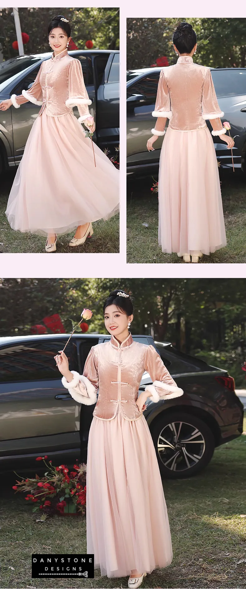 "Two women wearing Charming Thicken Pink Velvet Long Sleeve Chinese Style Dress"