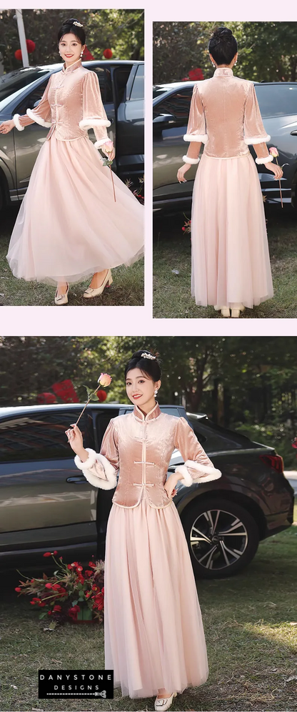 "Two women wearing Charming Thicken Pink Velvet Long Sleeve Chinese Style Dress"