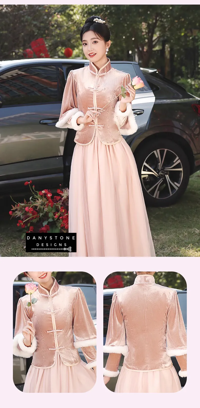 Charming Thicken Pink Velvet Long Sleeve Chinese Style Dress