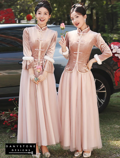 Charming Thicken Pink Velvet Long Sleeve Chinese Style Dress