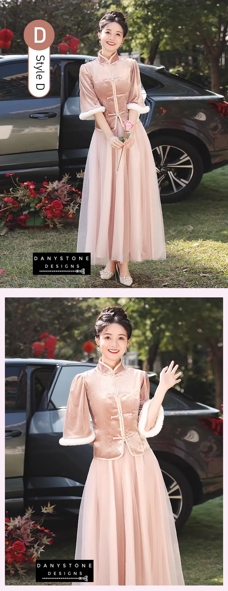 Charming Thicken Pink Velvet Long Sleeve Chinese Style Dress