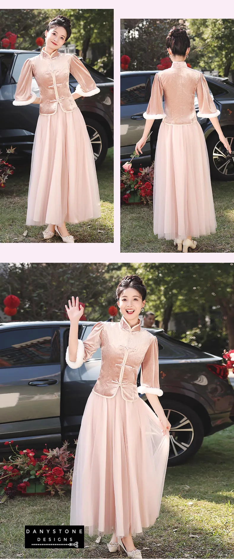 Charming Thicken Pink Velvet Long Sleeve Chinese Style Dress