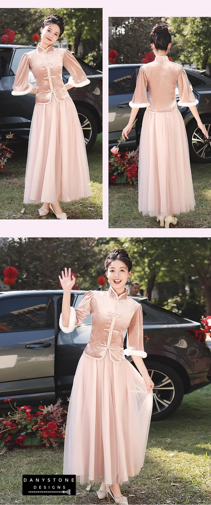 Charming Thicken Pink Velvet Long Sleeve Chinese Style Dress