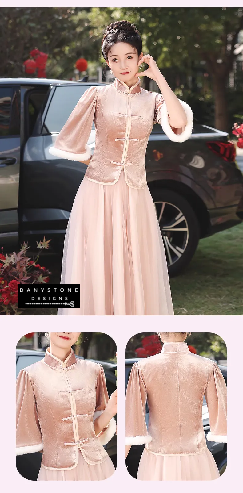 Charming Thicken Pink Velvet Long Sleeve Chinese Style Dress