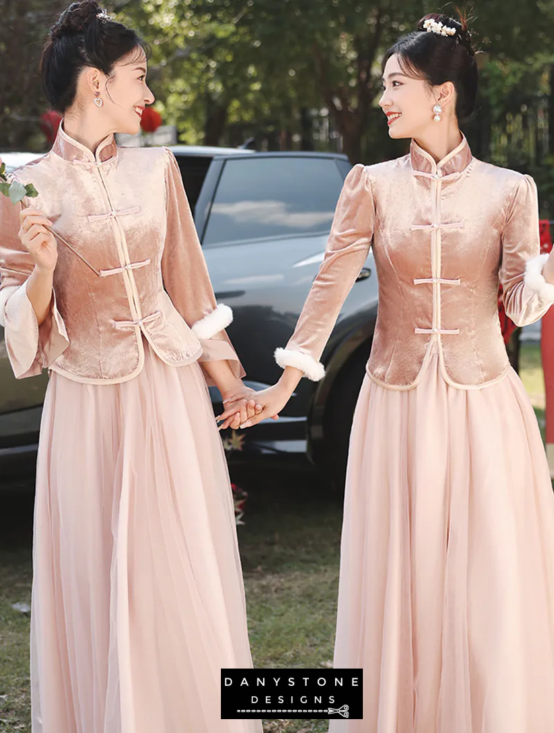 "Two women wearing Charming Thicken Pink Velvet Long Sleeve Chinese Style Dress"