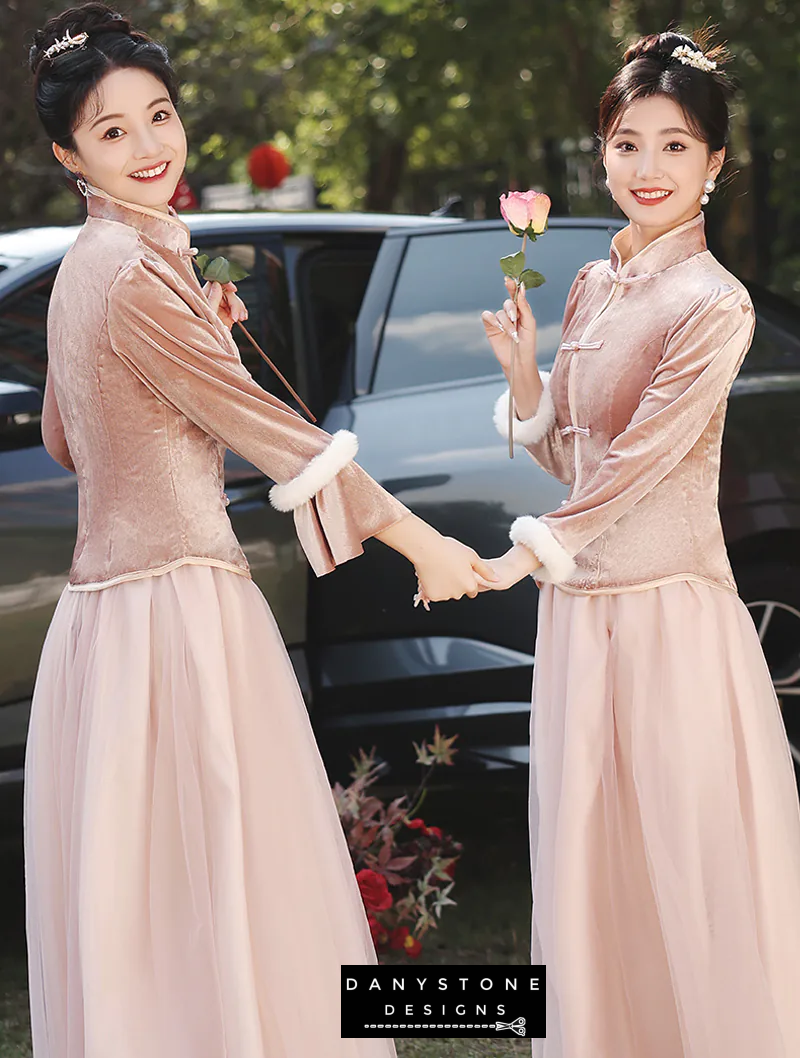 "Close-up of velvet fabric and design details on the Pink Chinese Style Dress"