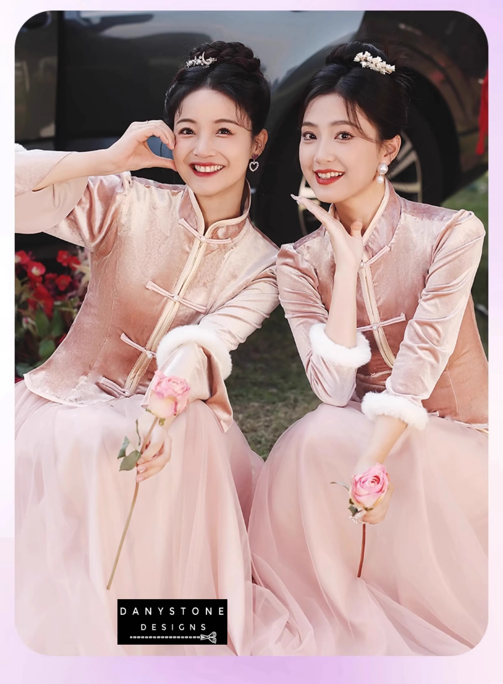 "Close-up of velvet fabric and design details on the Pink Chinese Style Dress"