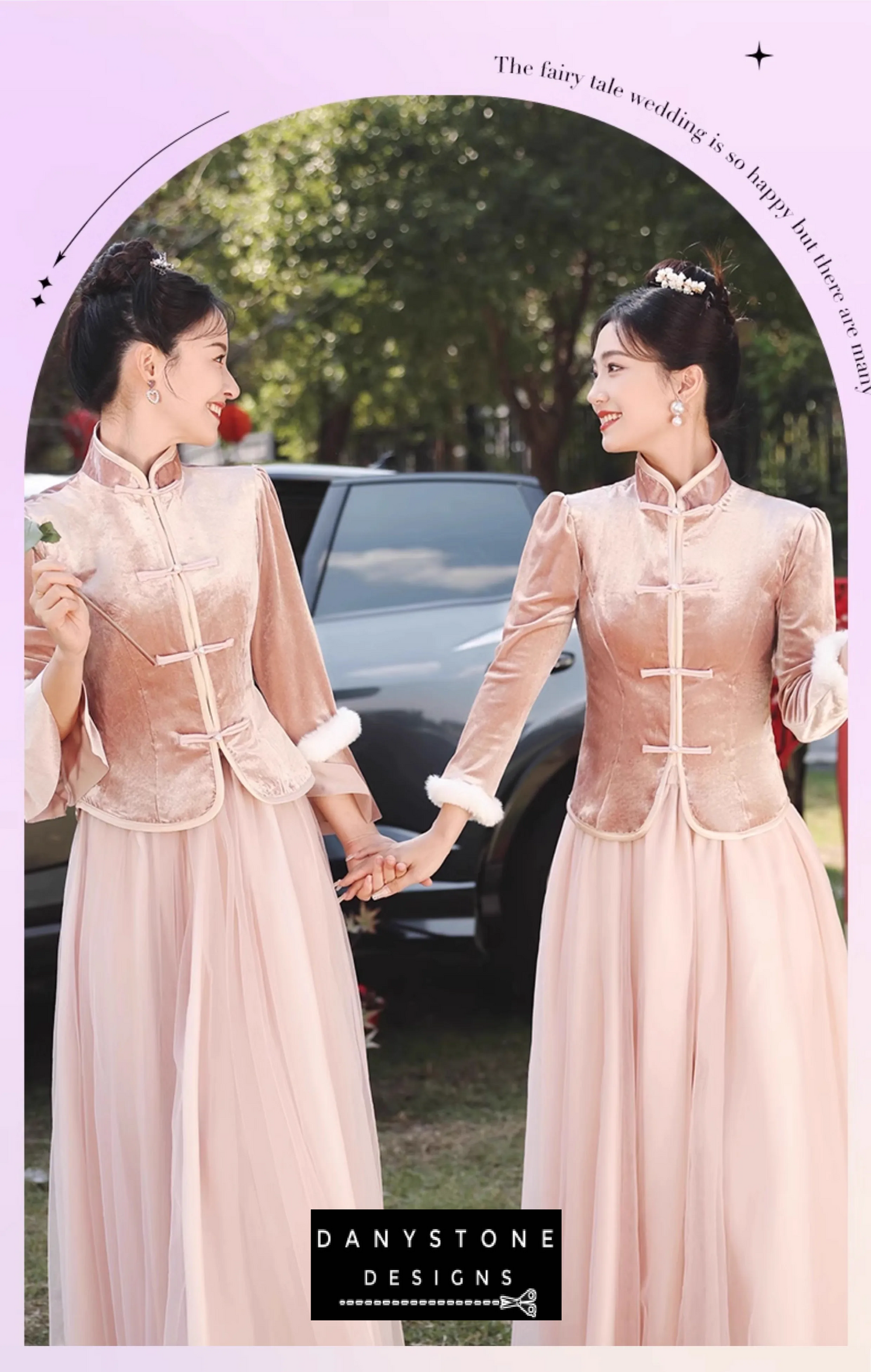 "Front view of the Pink Velvet Chinese Style Dress showcasing its design and collar"