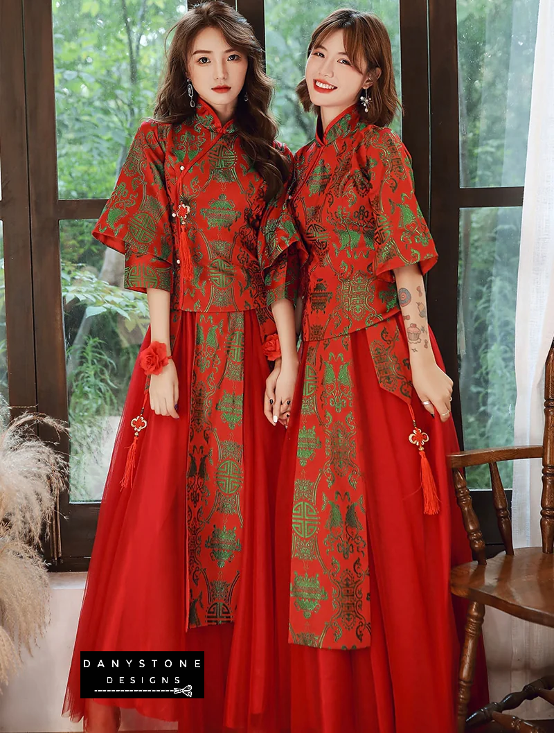 "Two ladies wearing Elegant Vintage Chinese Style Red Party Gown by Danystone Designs"