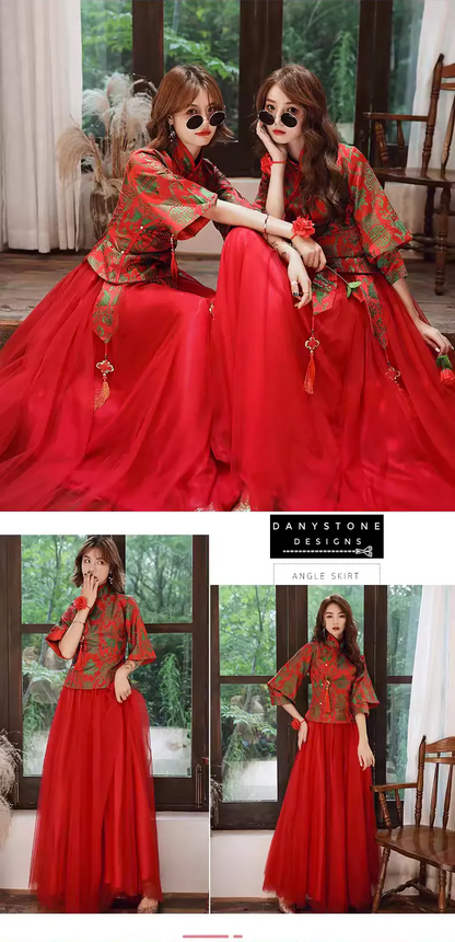 "Model wearing a red and green embroidered gown, showcasing the tailored fit"