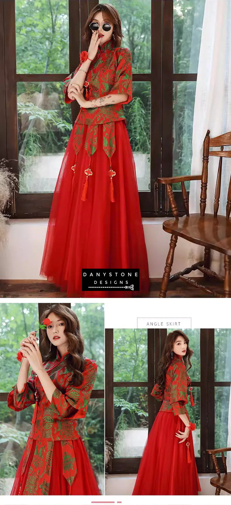 "Model showcasing the tailored fit and detailed design of Elegant Vintage Chinese Style Red Party Gown"