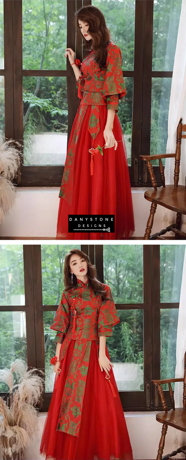 "Two women in vintage Chinese style red gowns by Danystone Designs"