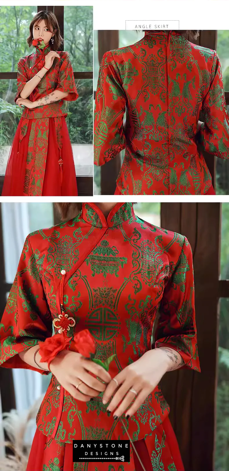 "Close-up of the intricate green embroidery on a red party gown"