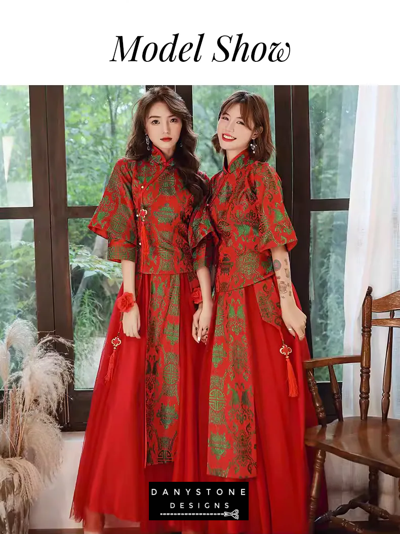 "Two women in vintage Chinese style red gowns by Danystone Designs"