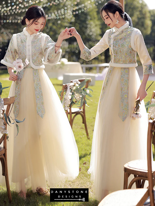 "Elegant Chinese Style Long Sleeve Plush Bridesmaid Dress in a garden setting"