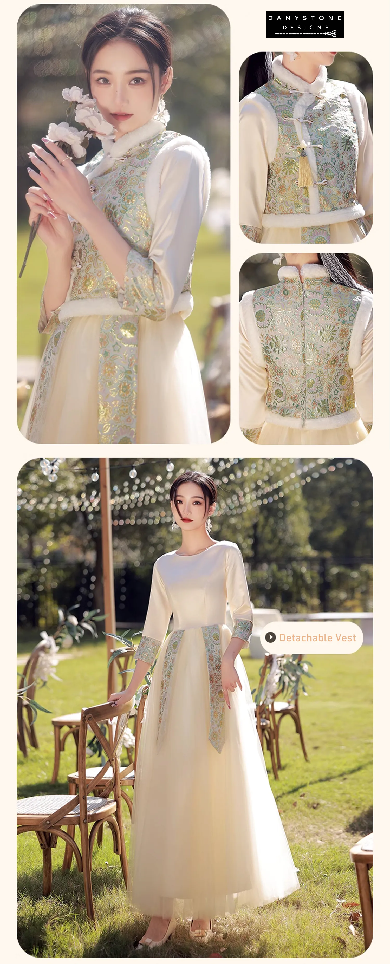 "Elegant long sleeve bridesmaid dress in a garden, highlighting the traditional Chinese design"