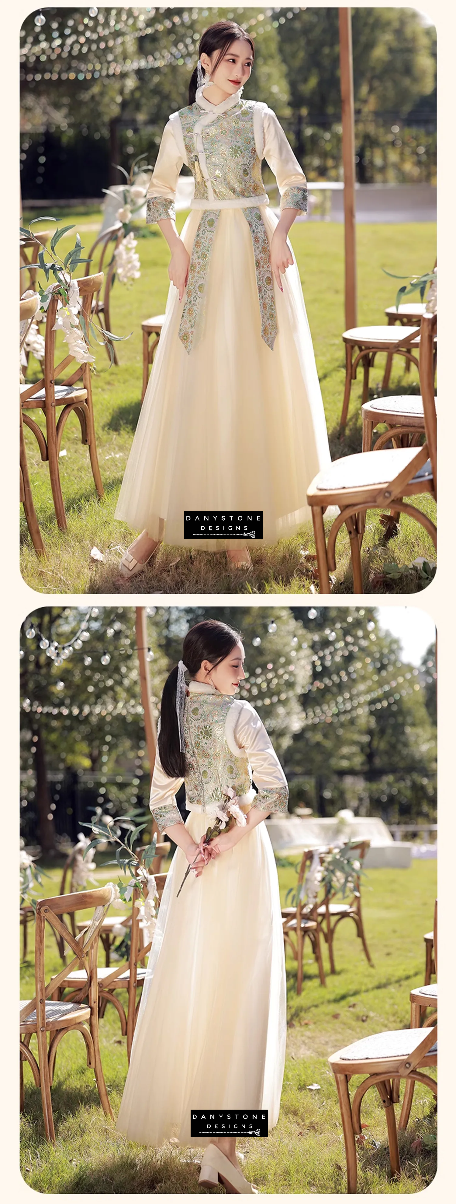 "Detailed shot of the embroidery and plush fabric on the Chinese style long sleeve bridesmaid dress"