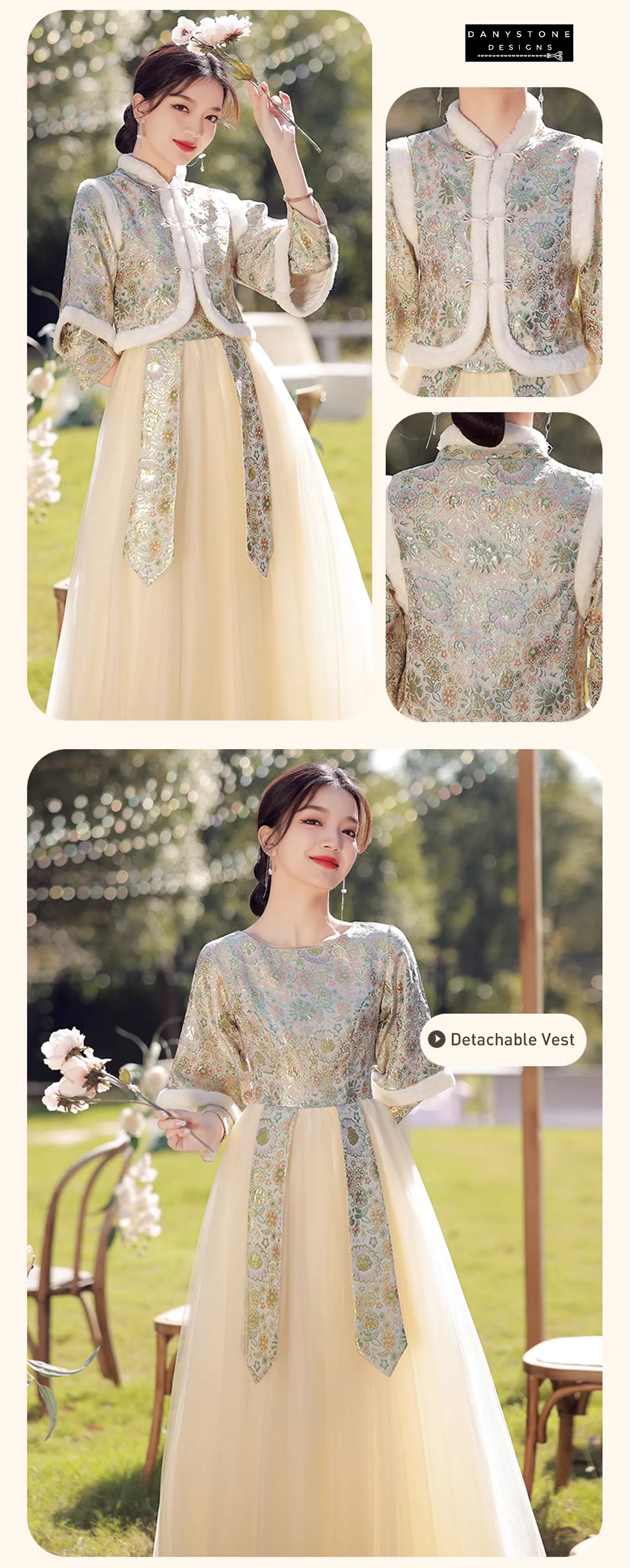 "Elegant long sleeve bridesmaid dress in a garden, highlighting the traditional Chinese design"