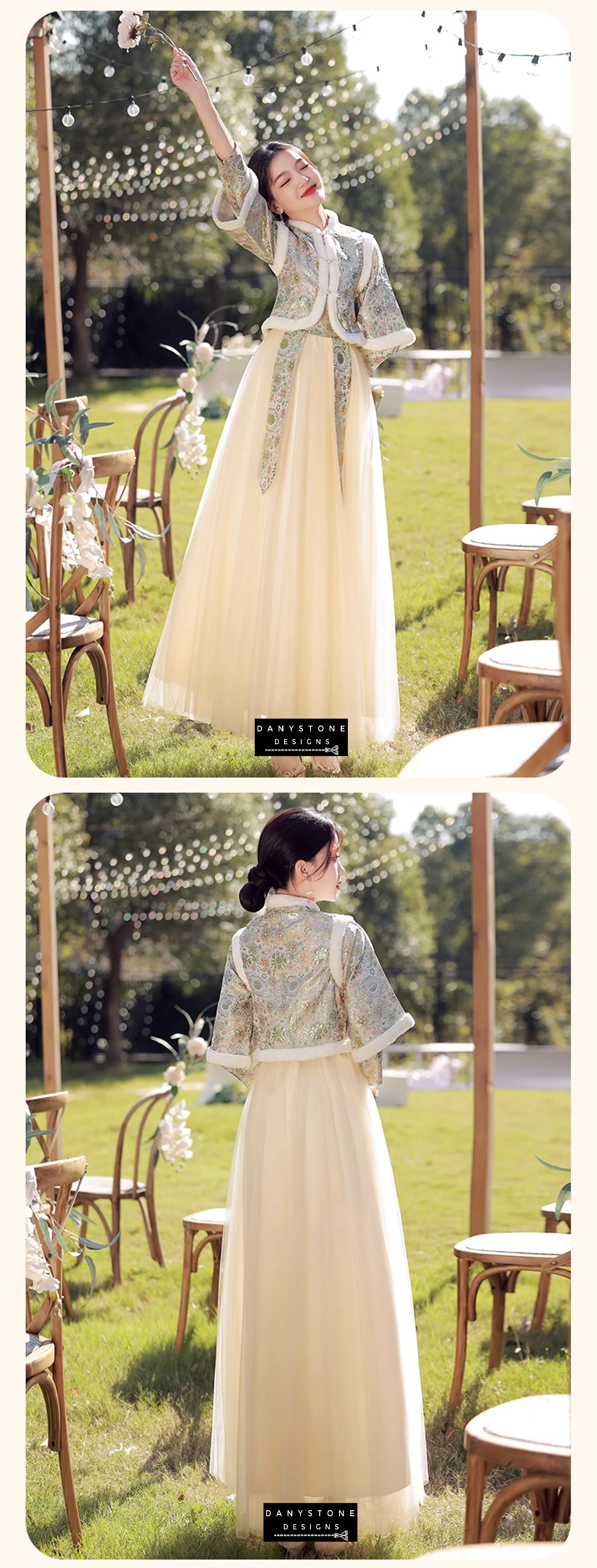 "Detailed shot of the embroidery and plush fabric on the Chinese style long sleeve bridesmaid dress"