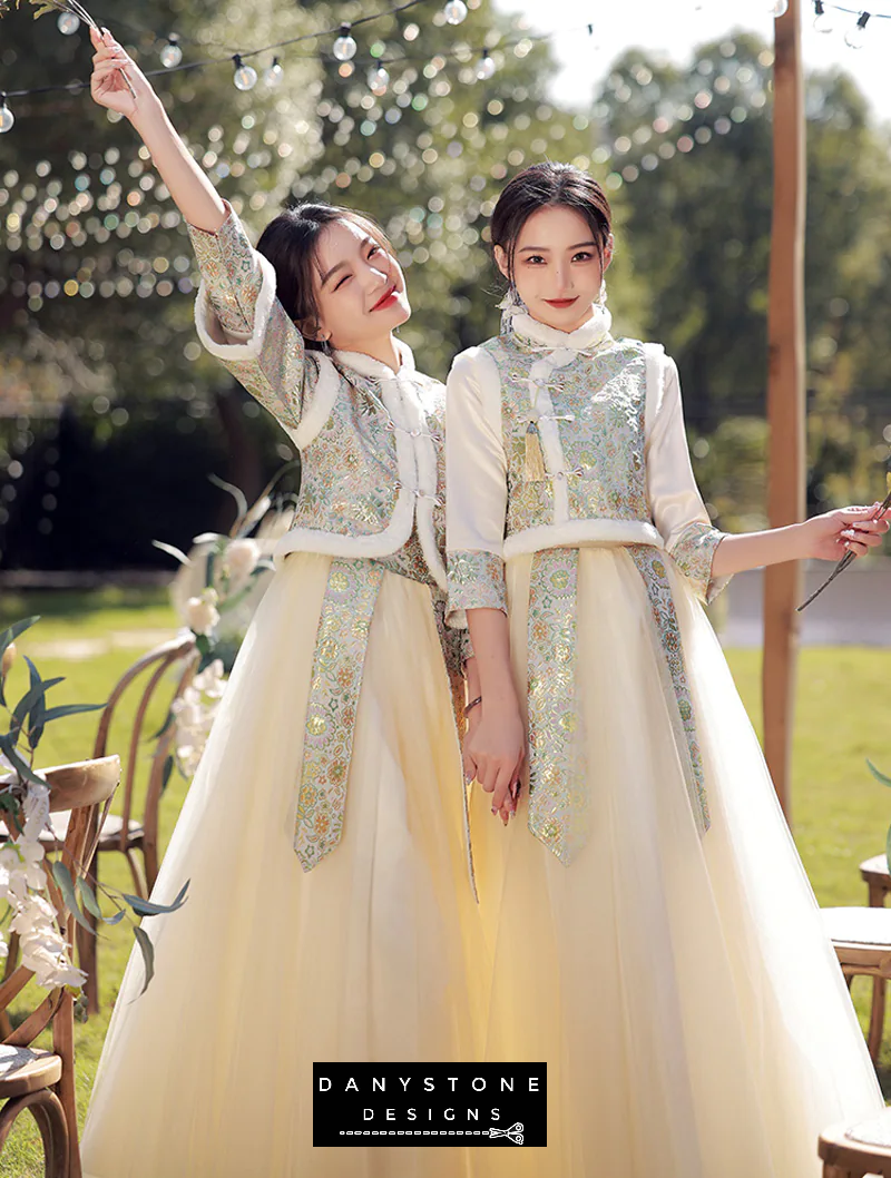 "Close-up of intricate embroidery on the Mandarin collar of the bridesmaid dress"