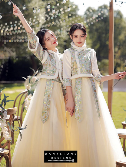 "Close-up of intricate embroidery on the Mandarin collar of the bridesmaid dress"