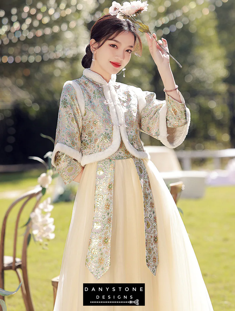 "Detailed shot of the plush fabric and embroidery on the Chinese style bridesmaid dress"