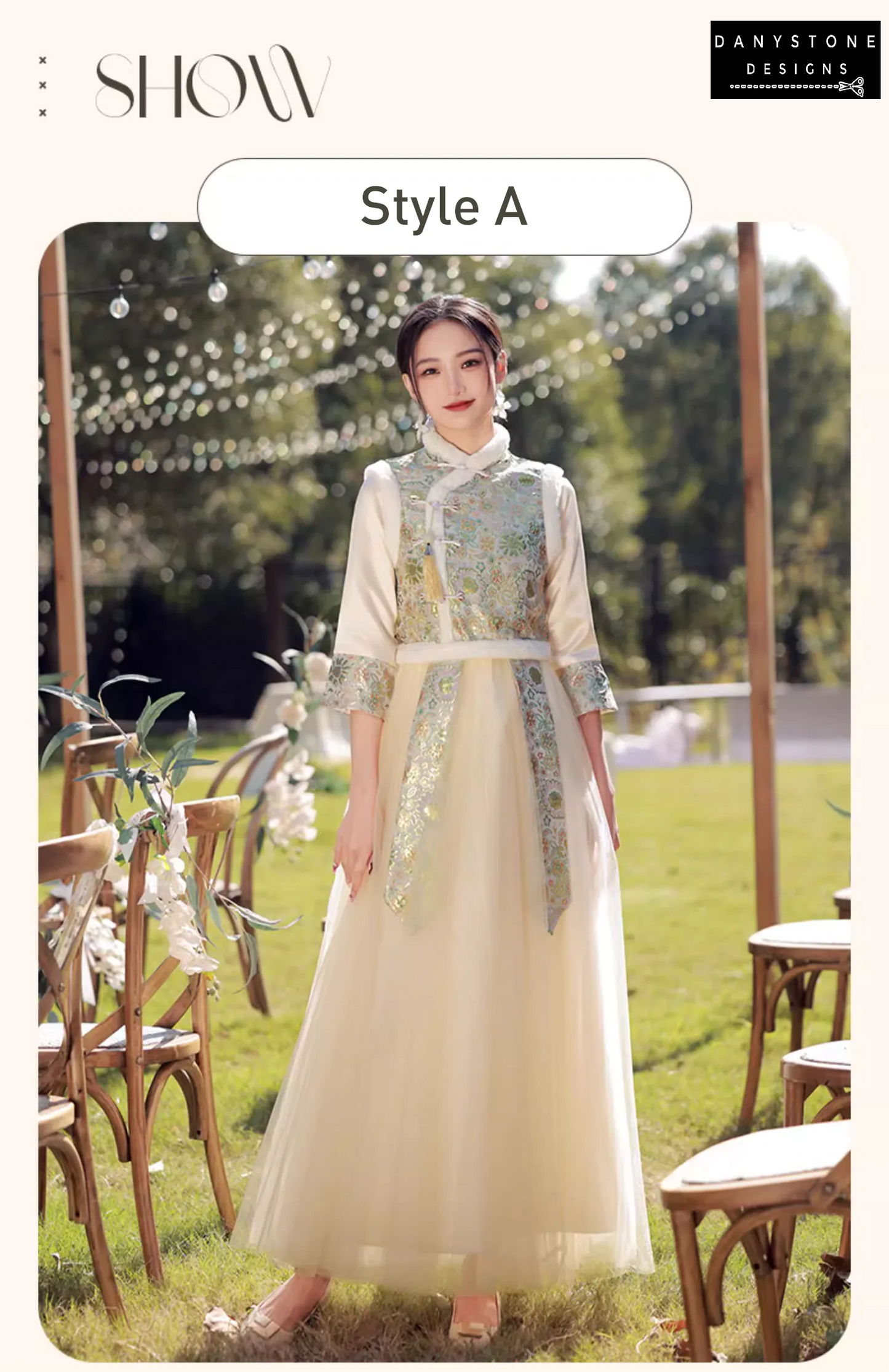 "Model in the Chinese style plush bridesmaid dress, emphasizing the lush texture of the fabric"