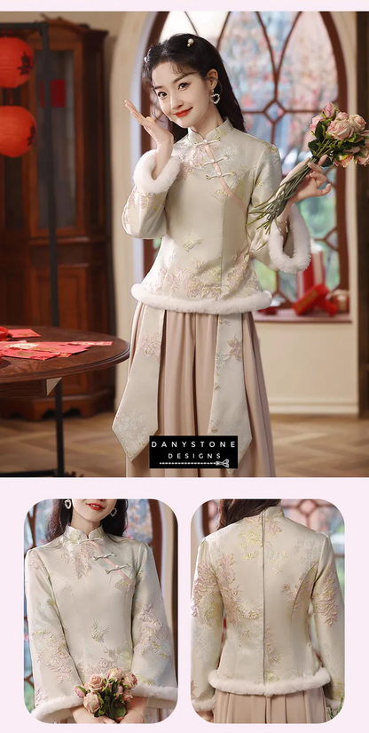 Sweet Chinese Style Green Jacquard Autumn Winter Dress