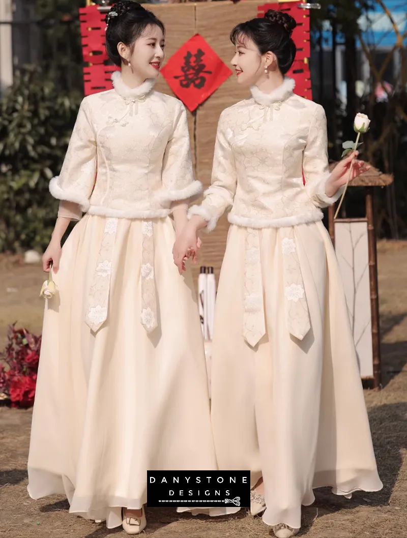 "Two bridesmaids in Chinese Style Long Sleeve Stand Collar Champagne Bridesmaid Dresses"