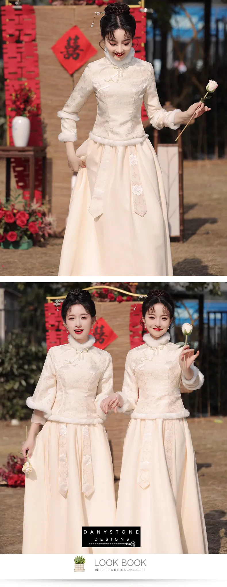 "Two bridesmaids in Chinese Style Long Sleeve Stand Collar Champagne Bridesmaid Dresses"