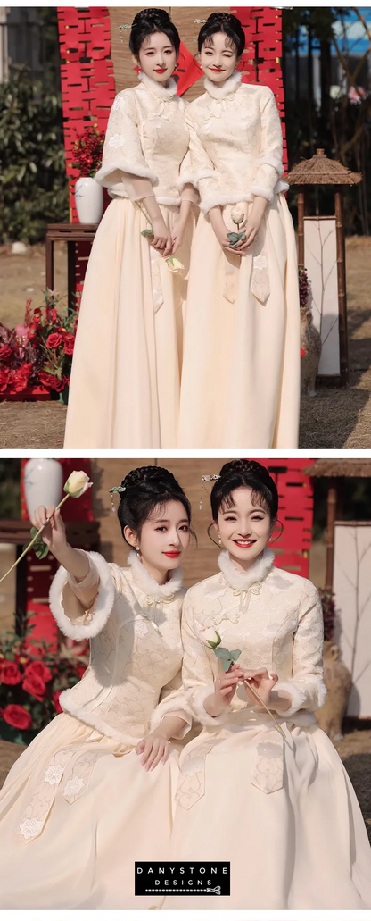 Chinese Style Long Sleeve Stand Collar Champagne Bridesmaid Dress