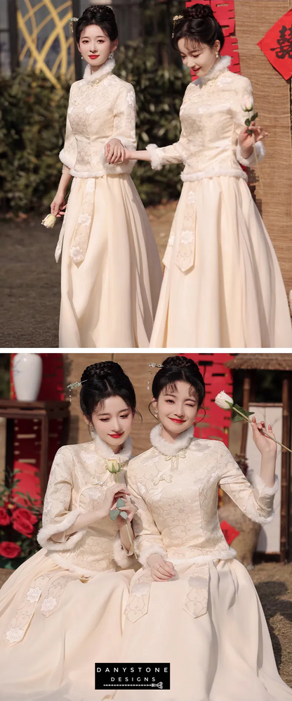 Chinese Style Long Sleeve Stand Collar Champagne Bridesmaid Dress