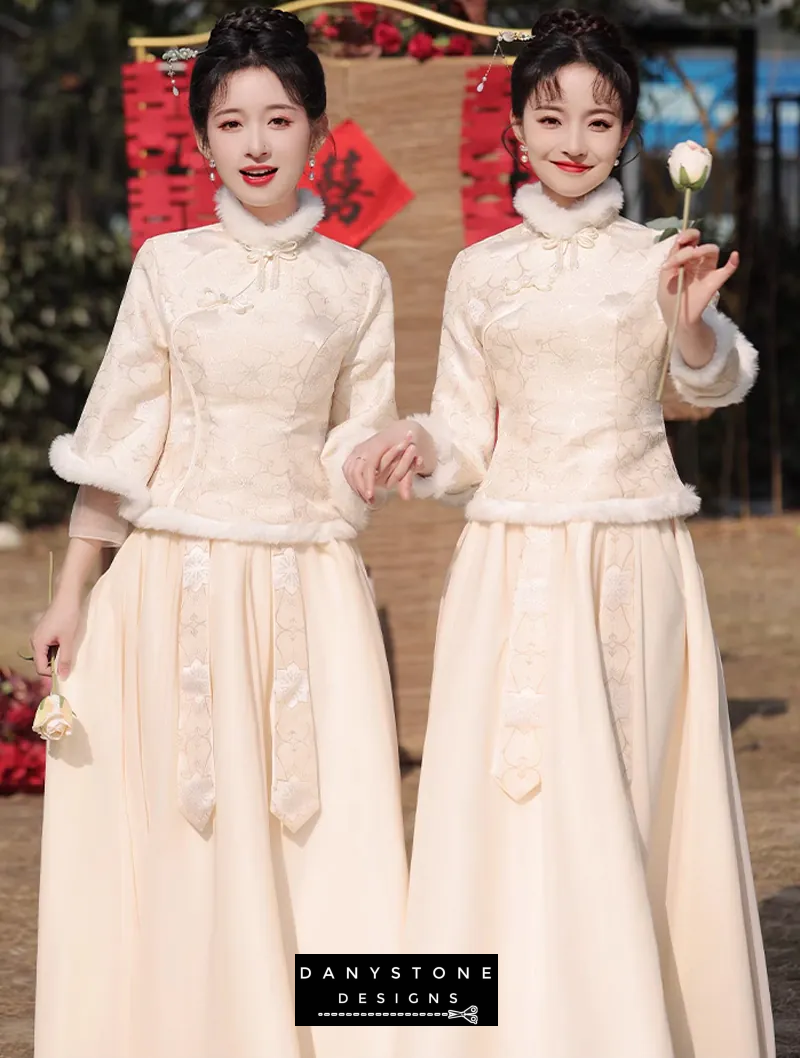 "Detailed shot of the fabric and embroidery on the Chinese style bridesmaid dress"