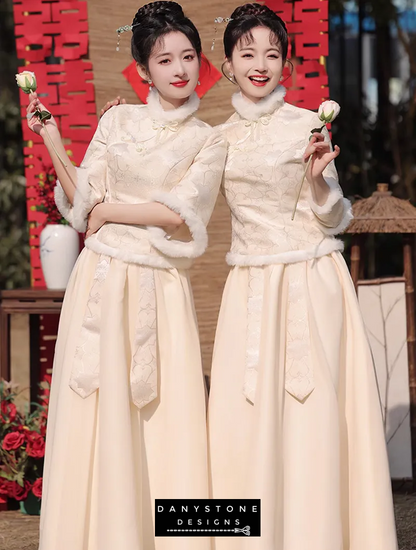 "Side view of the bridesmaid dress, displaying the elegant stand collar and long sleeves"