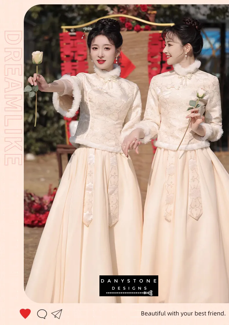 "Front view of the Chinese style champagne bridesmaid dress with intricate details"