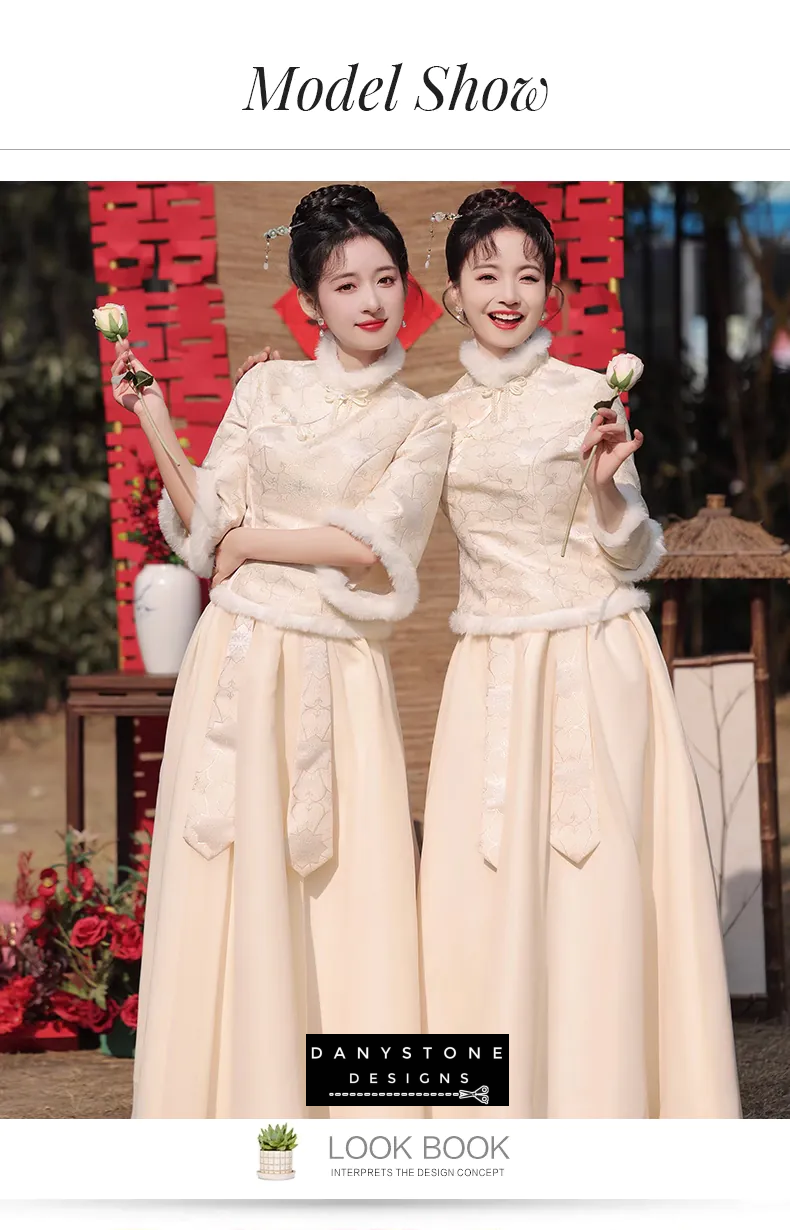 "Close-up of the sleeve and collar details on the Chinese style bridesmaid dress"